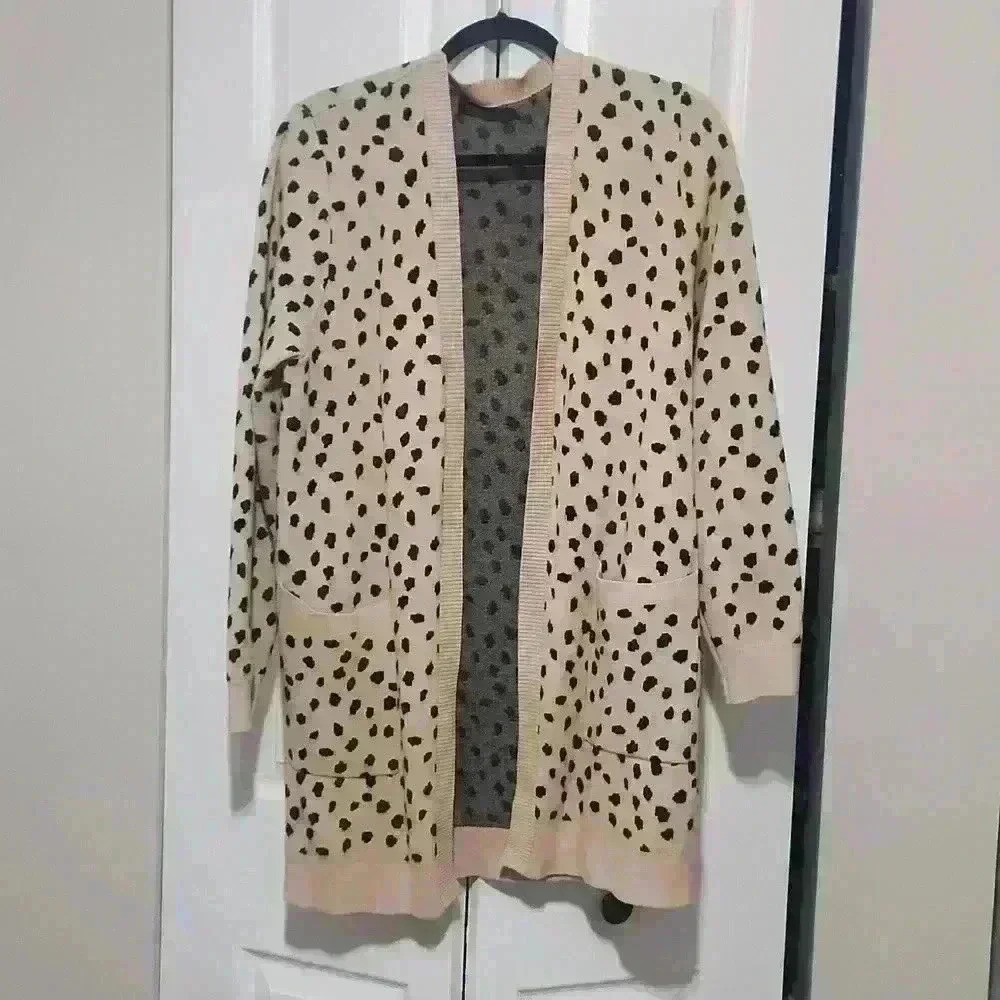 Tan/black long cardigan: Size large.